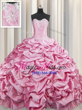 Spectacular Sleeveless Beading and Pick Ups Lace Up Sweet 16 Dress with Rose Pink Brush Train