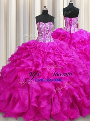 Elegant Visible Boning Sweetheart Sleeveless Brush Train Lace Up Quinceanera Dresses Fuchsia Organza