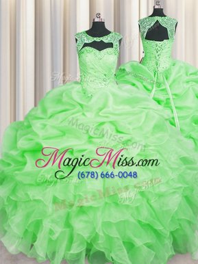 Latest Organza Scoop Sleeveless Lace Up Beading and Pick Ups Quinceanera Gowns in