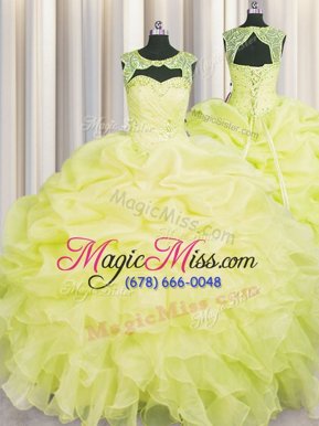 Elegant Yellow Scoop Lace Up Beading and Pick Ups Quince Ball Gowns Sleeveless