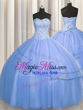 New Arrival Visible Boning Big Puffy Sleeveless Tulle Floor Length Lace Up Sweet 16 Quinceanera Dress in Light Blue for with Beading