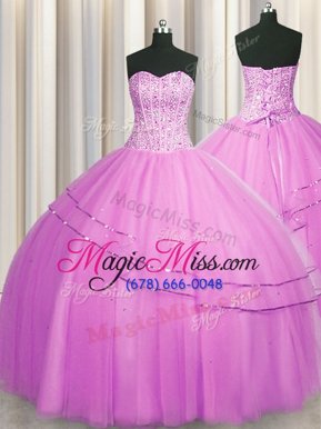 Smart Visible Boning Really Puffy Lilac Sleeveless Tulle Lace Up Quince Ball Gowns for Military Ball and Sweet 16 and Quinceanera