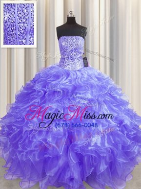 Sexy Visible Boning Lavender Strapless Lace Up Beading and Ruffles Sweet 16 Dresses Sleeveless