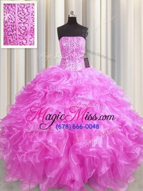 Stylish Visible Boning Sleeveless Organza Floor Length Lace Up Quinceanera Dresses in Rose Pink for with Beading and Ruffles