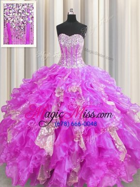 Superior Visible Boning Lilac Sleeveless Beading and Ruffles and Sequins Floor Length Quinceanera Gown