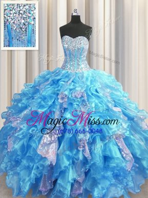 Visible Boning Sleeveless Organza and Sequined Floor Length Lace Up Quinceanera Dresses in Baby Blue for with Beading and Ruffles and Sequins