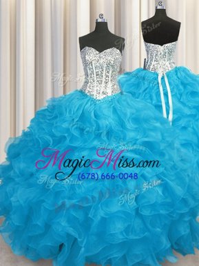 Discount Aqua Blue Sweetheart Neckline Beading and Ruffles Quinceanera Dress Long Sleeves Lace Up