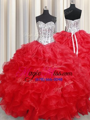 Fabulous Red Organza Lace Up Sweetheart Sleeveless Floor Length 15 Quinceanera Dress Beading and Ruffles