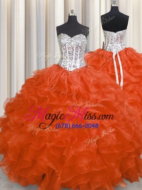 Vintage Orange Red Ball Gowns Sweetheart Sleeveless Organza Floor Length Lace Up Beading and Ruffles Quinceanera Dress