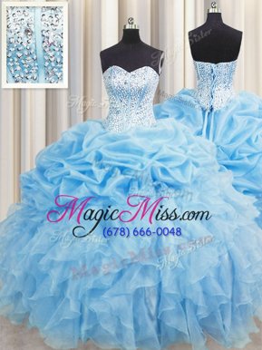 Clearance Pick Ups Visible Boning Baby Blue Sleeveless Organza Lace Up Quinceanera Gowns for Military Ball and Sweet 16 and Quinceanera