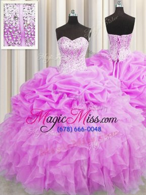 Best Selling Visible Boning Sleeveless Floor Length Beading and Ruffles and Pick Ups Lace Up Vestidos de Quinceanera with Lilac