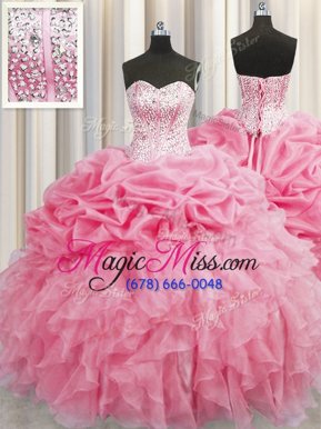 Lovely Visible Boning Sleeveless Floor Length Beading and Ruffles Lace Up Quinceanera Gowns with Rose Pink