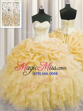 Enchanting Visible Boning Sleeveless Organza Floor Length Lace Up Sweet 16 Dresses in Gold for with Beading and Ruffles