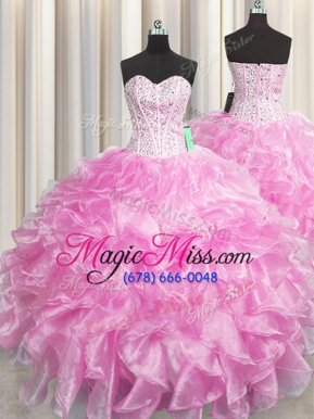 Traditional Visible Boning Zipper Up Floor Length Rose Pink Vestidos de Quinceanera Organza Sleeveless Beading and Ruffles