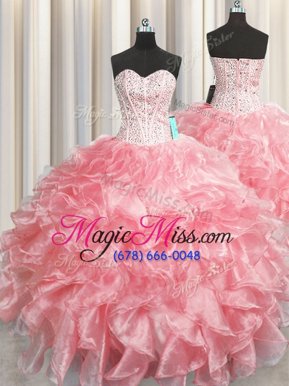 Chic Visible Boning Zipper Up Sweetheart Sleeveless Zipper Sweet 16 Dress Baby Pink Organza