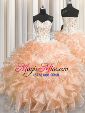 Great Visible Boning Zipper Up Organza Sleeveless Floor Length Quinceanera Dress and Beading and Ruffles