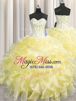 On Sale Visible Boning Zipper Up Sweetheart Sleeveless Zipper Quinceanera Gowns Light Yellow Organza