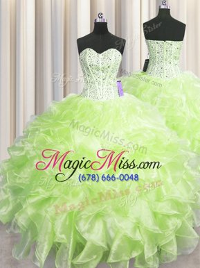 Free and Easy Visible Boning Yellow Green Sleeveless Beading and Ruffles Floor Length 15 Quinceanera Dress