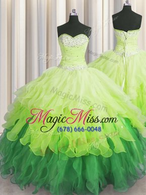 Custom Fit Multi-color Organza Lace Up Sweetheart Sleeveless Floor Length Quinceanera Dress Beading and Ruffles and Ruffled Layers and Sequins