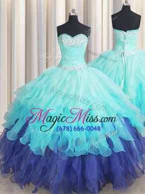 Latest Sleeveless Floor Length Beading and Ruffles and Ruffled Layers and Sequins Lace Up Vestidos de Quinceanera with Multi-color