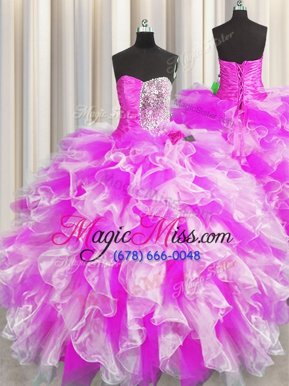 Delicate Floor Length Lace Up Ball Gown Prom Dress Multi-color and In for Military Ball and Sweet 16 and Quinceanera with Beading and Ruffles and Ruching