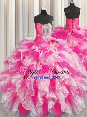 Decent Multi-color Organza Lace Up Sweetheart Sleeveless Floor Length Quinceanera Dress Beading and Ruffles and Ruching