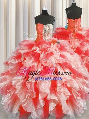 High Quality Red Lace Up Sweetheart Beading and Ruffles Quince Ball Gowns Organza Sleeveless