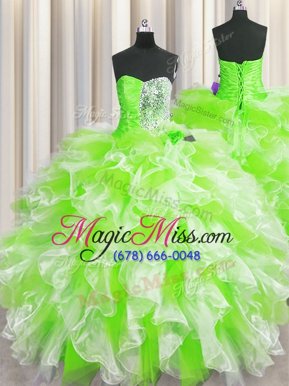 Captivating Sweetheart Sleeveless Lace Up Sweet 16 Dress Yellow Green Organza