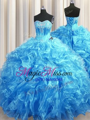 Sumptuous Sweetheart Sleeveless Sweep Train Lace Up Sweet 16 Dresses Baby Blue Organza