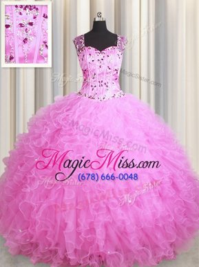 Attractive See Through Zipper Up Rose Pink Tulle Zipper Sweet 16 Quinceanera Dress Sleeveless Floor Length Beading and Ruffles