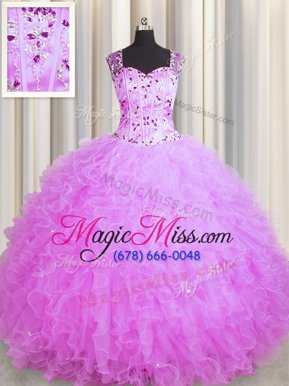 Low Price See Through Zipper Up Lilac Zipper Square Beading and Ruffles Ball Gown Prom Dress Organza Sleeveless