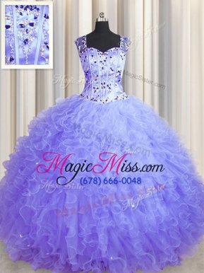 Graceful See Through Zipper Up Beading and Ruffles Quince Ball Gowns Lavender Zipper Sleeveless Floor Length