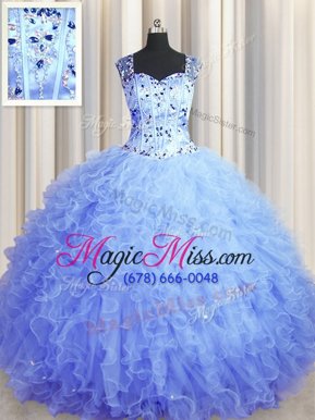 Pretty See Through Zipper Up Lavender Tulle Zipper Square Sleeveless Floor Length Quince Ball Gowns Beading and Ruffles