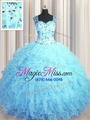 Perfect See Through Zipper Up Floor Length Baby Blue Quince Ball Gowns Tulle Sleeveless Beading and Ruffles