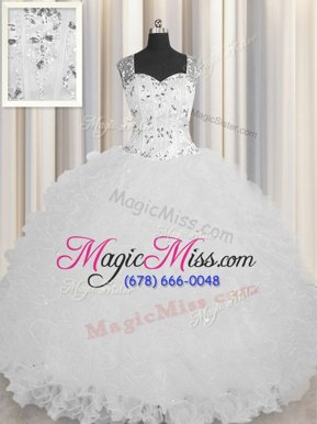 Low Price See Through Zipper Up White Sweet 16 Quinceanera Dress Military Ball and Sweet 16 and Quinceanera and For with Beading and Ruffles Square Sleeveless Zipper