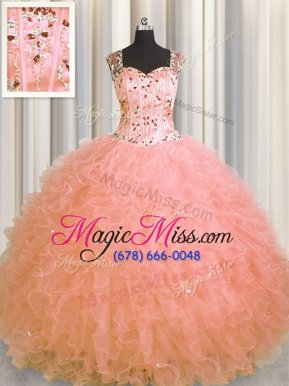 Super See Through Zipper Up Beading and Ruffles Sweet 16 Quinceanera Dress Watermelon Red Zipper Sleeveless Floor Length