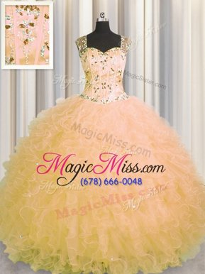 Discount See Through Zipper Up Floor Length Gold Sweet 16 Quinceanera Dress Straps Sleeveless Zipper