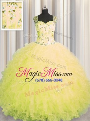 Pretty See Through Zipper Up Yellow 15th Birthday Dress Military Ball and Sweet 16 and Quinceanera and For with Beading and Ruffles Straps Sleeveless Zipper