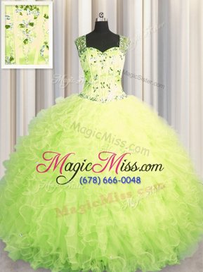 Pretty See Through Zipper Up Yellow Green Ball Gowns Beading and Ruffles Vestidos de Quinceanera Zipper Tulle Sleeveless Floor Length