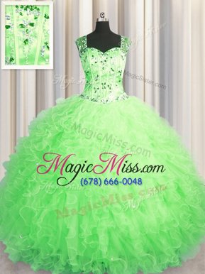 Best Selling See Through Zipper Up Tulle Sleeveless Floor Length Quince Ball Gowns and Beading and Ruffles