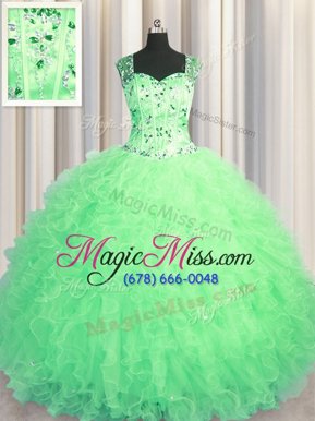 Adorable See Through Zipper Up Floor Length Apple Green Sweet 16 Dresses Straps Sleeveless Zipper