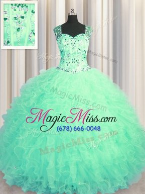 Glorious See Through Zipper Up Turquoise Zipper Straps Beading and Ruffles Sweet 16 Dresses Tulle Sleeveless