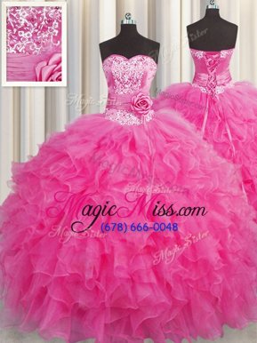 New Arrival Handcrafted Flower Hot Pink Sleeveless Floor Length Beading and Ruffles Lace Up Quinceanera Dress