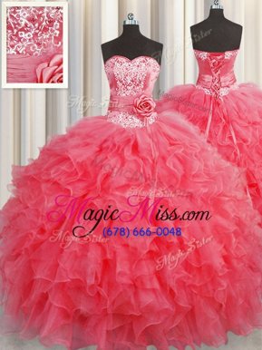 Glamorous Handcrafted Flower Sleeveless Lace Up Floor Length Ruffles and Hand Made Flower 15th Birthday Dress