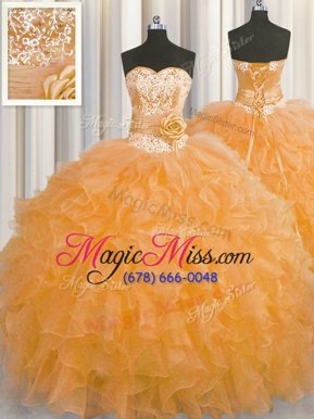 Fantastic Handcrafted Flower Orange Organza Lace Up Sweetheart Sleeveless Floor Length Quince Ball Gowns Beading and Ruffles and Hand Made Flower