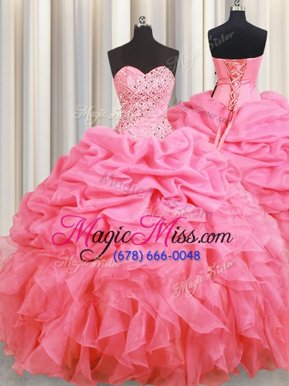 Customized Halter Top Sleeveless Floor Length Beading and Ruffles and Pick Ups Lace Up Quince Ball Gowns with Rose Pink