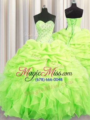 Fashionable Yellow Green Sweet 16 Dresses Military Ball and Sweet 16 and Quinceanera and For with Beading and Ruffles and Pick Ups Sweetheart Sleeveless Lace Up