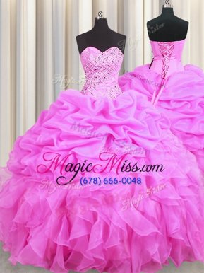 Affordable Rose Pink Sweet 16 Dresses Military Ball and Sweet 16 and Quinceanera and For with Beading and Ruffles and Pick Ups Sweetheart Sleeveless Lace Up