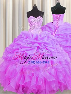 Sleeveless Organza Floor Length Lace Up Quince Ball Gowns in Lilac for with Beading and Ruffles and Pick Ups