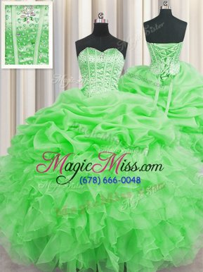 Captivating Visible Boning Green Lace Up Quinceanera Gowns Beading and Ruffles and Pick Ups Sleeveless Floor Length